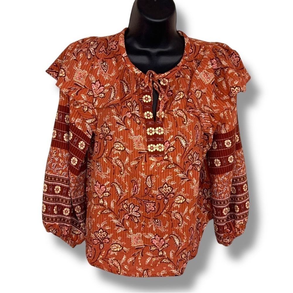 Petite XS Loft Ann Taylor Brick Orange Boho Peasant Top Puff Sleeve Bohemian